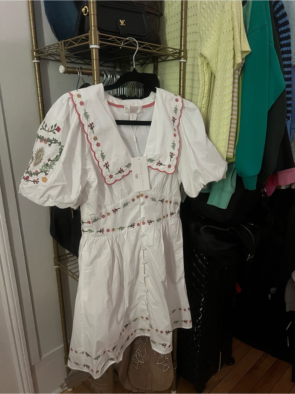 NWT Caroline Constas White Mini Dress with Multicolor Floral Embroidery